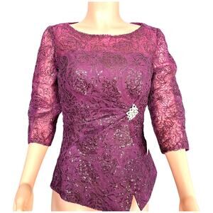 Lan Ting Bride Eggplant/Grape Color Lace 3/4 Sleeve Sequin Top - Size 8